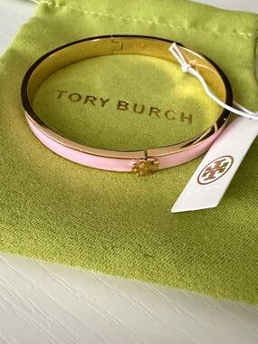 Tory Burch Pink Enamel Gold-Tone Logo Hinge Bangle